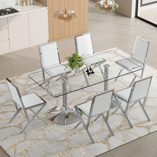 English Elm Table and Chair Set Oval Glass Top Gold Base with 8 Shell Pu Dining Chairs White+Silver W1151S04764