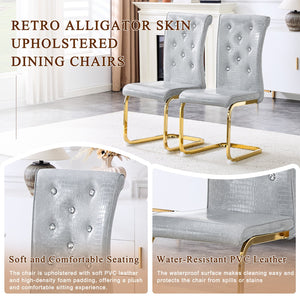 English Elm Set of 2 Glam Faux Alligator Pvc Dining Chairs with Crystal Buckle Bow Legs Gray W3875P371036
