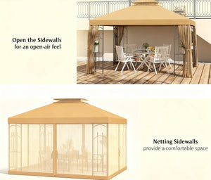 English Elm Outdoor Double Roof Gazebo with Mesh Netting Corner Shelves and Steel Frame T3971P426876