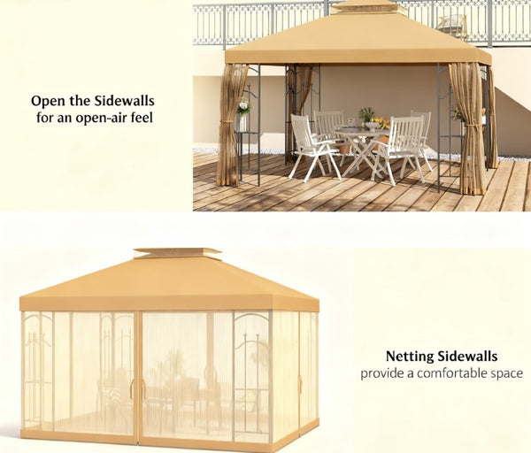 English Elm Outdoor Double Roof Gazebo with Mesh Netting Corner Shelves and Steel Frame T3971P426876