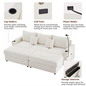 English Elm 95.3" Modern 3-Seater Sectional Sofa With Dual Ottomans, Usb Ports, Cup Holders & Hidden Storage N719S001613A