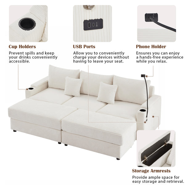 English Elm 95.3" Modern 3-Seater Sectional Sofa With Dual Ottomans, Usb Ports, Cup Holders & Hidden Storage N719S001613A