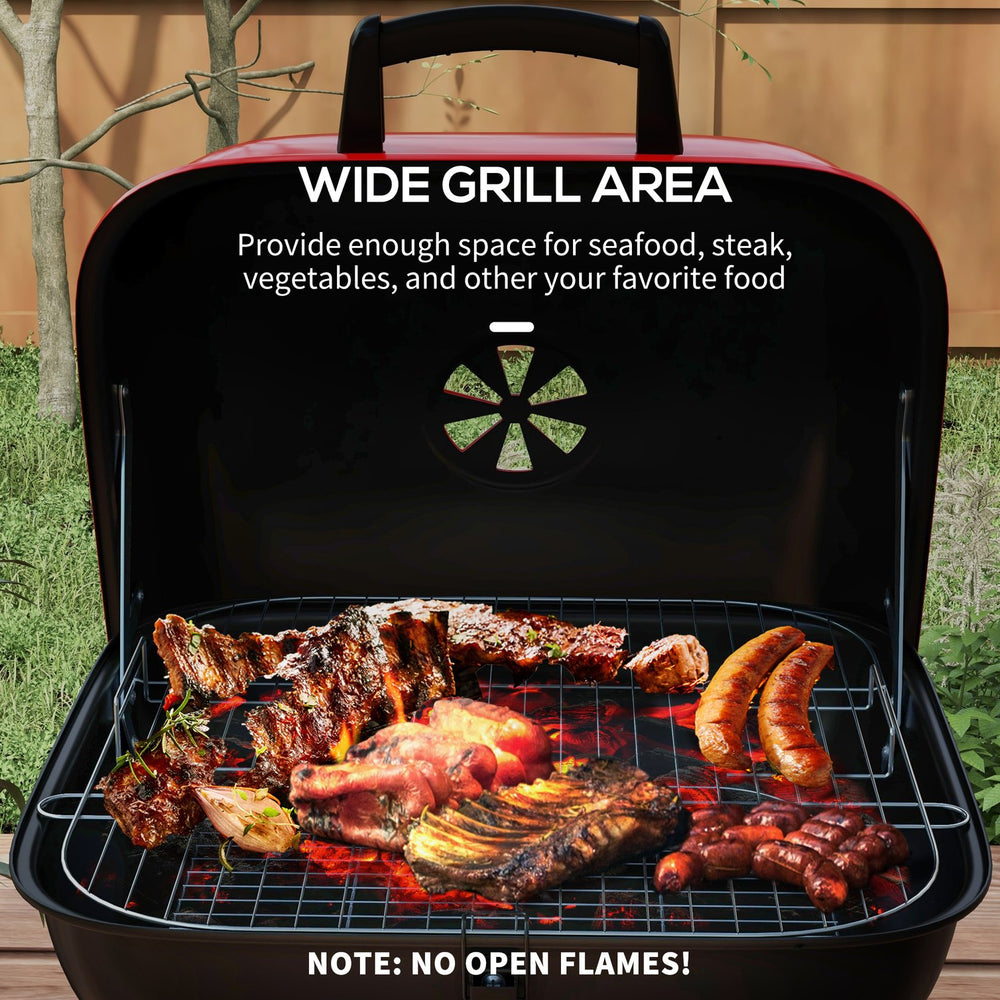 English Elm Outsunny Square Charcoal Grill Enameled Steel Bbq Smoker with Wheels for Outdoor Cooking W2225P200659