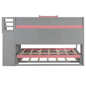 English Elm House-shaped Pine Bunk Bed with Built-in Slide Storage Staircase Twin Over Full Kids Frame Gray N820S00067E