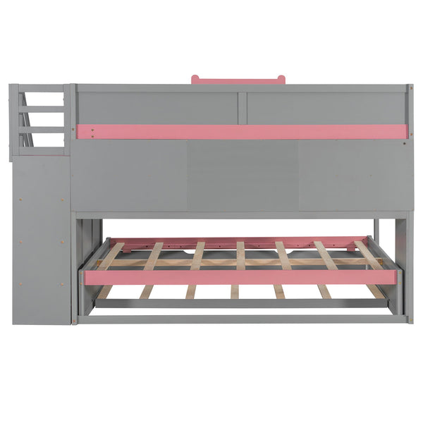 English Elm House-shaped Pine Bunk Bed with Built-in Slide Storage Staircase Twin Over Full Kids Frame Gray N820S00067E