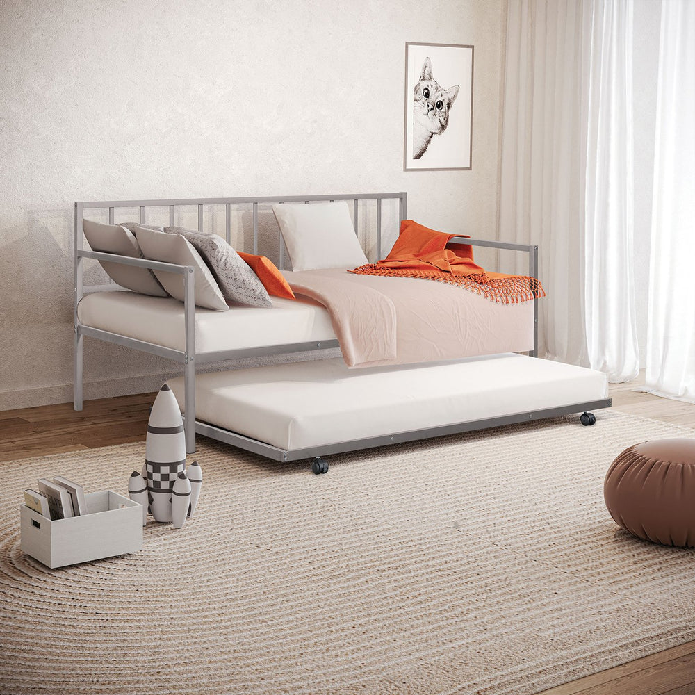 English Elm Silver Sleek Metal Twin Daybed with Built-In Trundle | Contemporary Minimalist Black Frame, Mattress-Ready Silver 76 L x 18 W x 4 H B2741P364412