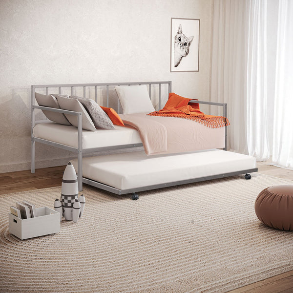 English Elm Silver Sleek Metal Twin Daybed with Built-In Trundle | Contemporary Minimalist Black Frame, Mattress-Ready Silver 76 L x 18 W x 4 H B2741P364412