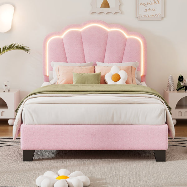 English Elm Twin Flower-Shape Upholstered Bed with LED Headboard, Pink Sherpa Platform Twin Bed for Kids Room Cozy Chic N733P177307H