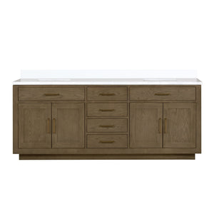 English Elm Grey Oak Double Bath Vanity 84" W With White Quartz Top, Soft-Close Drawers & Ample Storage Space B2731P257862