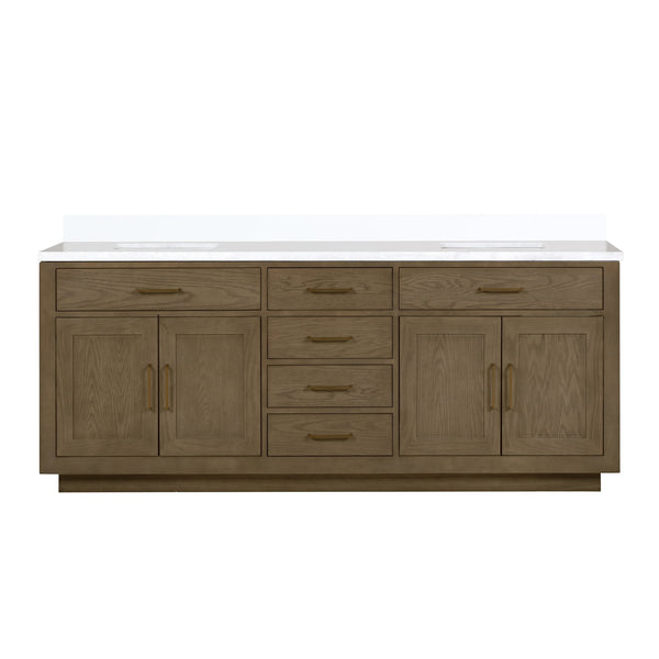English Elm Grey Oak Double Bath Vanity 84" W With White Quartz Top, Soft-Close Drawers & Ample Storage Space B2731P257862