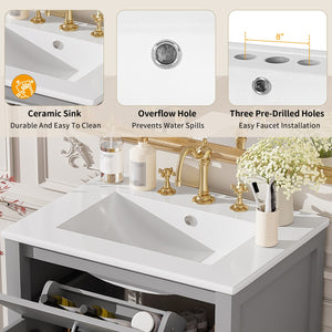 English Elm 24"Bathroom Luxurious Space-Saving Vanity with Ceramic Sink, Solid Wood Frame, Soft-Close Doors and Storage Grey N729P183716E
