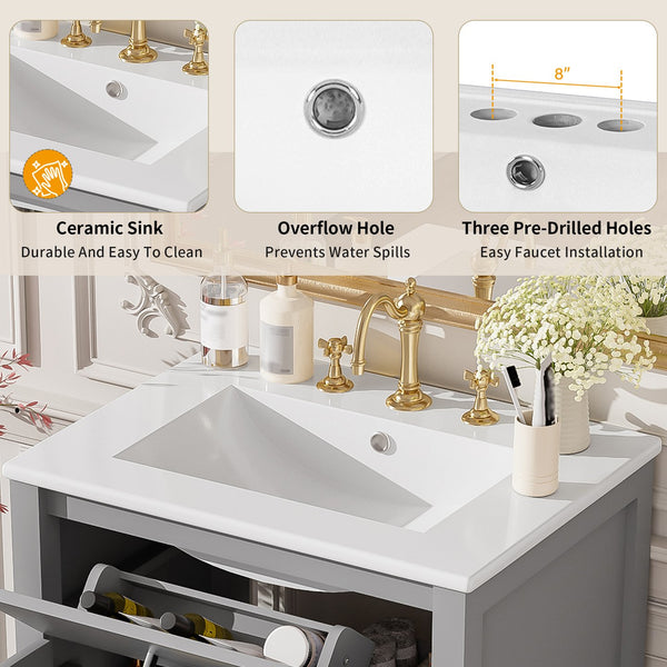English Elm 24"Bathroom Luxurious Space-Saving Vanity with Ceramic Sink, Solid Wood Frame, Soft-Close Doors and Storage Grey N729P183716E