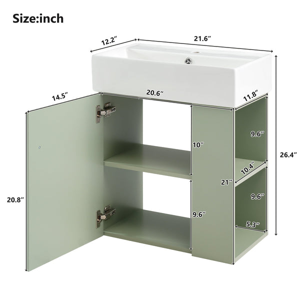 English Elm 21.6 inch Modern Floating Bathroom Vanity with Ceramic Basin, Wave Door, Rose Gold Handle Green N729P170388F