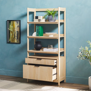 English Elm Walker Edison - Transitional Wide Reeded Bookshelf with Drawers on Bottom for Home Office, Spacious Shelving & Storage Oak 75.25 L x 20.63 W x 7 H B185P200194