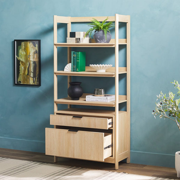 English Elm Walker Edison - Transitional Wide Reeded Bookshelf with Drawers on Bottom for Home Office, Spacious Shelving & Storage Oak 75.25 L x 20.63 W x 7 H B185P200194