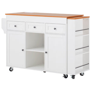 English Elm K&k Rolling Kitchen Island with Extendable Table Open Shelving and Built-in Power Outlet White N707P360278W