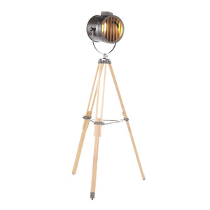 English Elm Floor Tripod Lamp Natural Wood Antique Metal Shade Adjustable Industrial Reading Light B202S01384