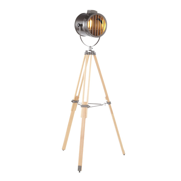 English Elm Floor Tripod Lamp Natural Wood Antique Metal Shade Adjustable Industrial Reading Light B202S01384