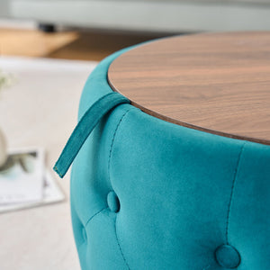 English Elm Ball Cast Round Nesting Ottoman Set Linen Upholstered Hidden Storage with Wooden Tray Blue W3163P379372