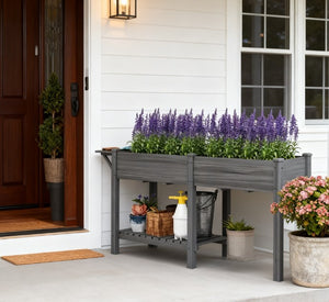 English Elm Elevated Fir Wood Raised Planter with Foldable Side Table and Bottom Storage Shelf T3971P423040