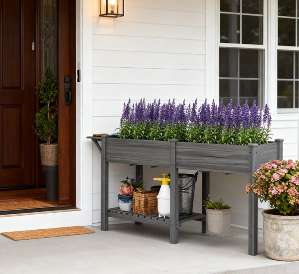 English Elm Elevated Fir Wood Raised Planter with Foldable Side Table and Bottom Storage Shelf T3971P423040