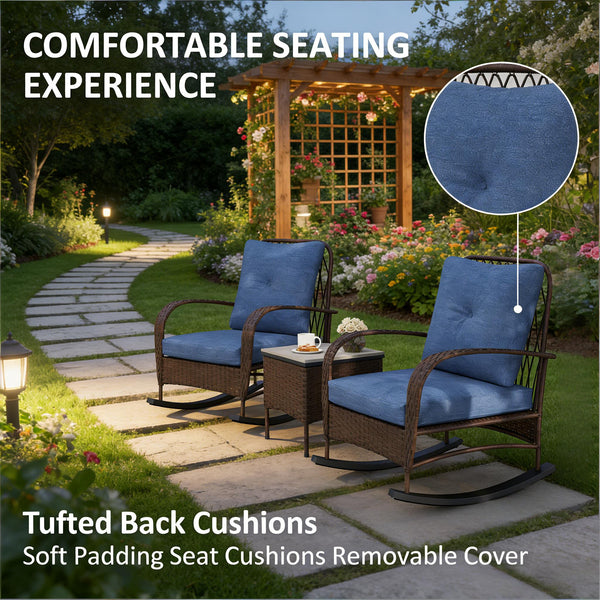 English Elm Balcony Wicker Rocking Chair Set Pe Rattan Bistro Seating with Tufted Cushions T3971P446005