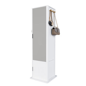 English Elm 360° Rotating Tower Cabinet with Full Length Mirror Open Shelving and Jewelry Storage White W509P456172