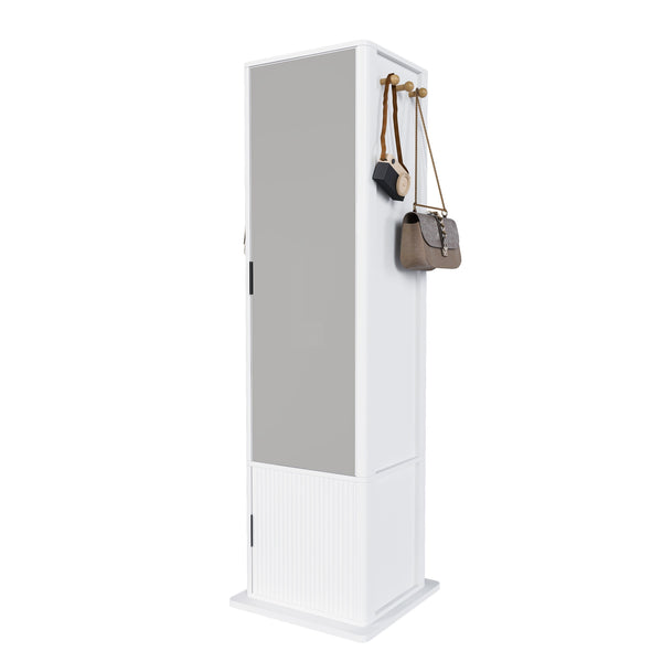 English Elm 360° Rotating Tower Cabinet with Full Length Mirror Open Shelving and Jewelry Storage White W509P456172
