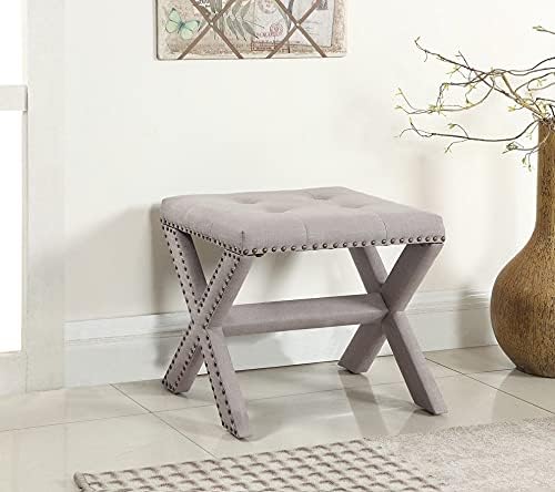 English Elm Linen Small Accent Bench with Tufted Seat and Nailhead Trim, Wood X-Leg Entryway Seating, Stylish Gray 20 L x 19 W x 7 H B011P357400