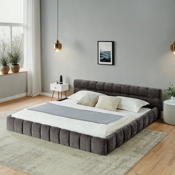 English Elm California King Upholstered Platform Bed Frame In Dark Gray - No Box Spring, Modern Chenille Design W487P311321