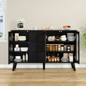 English Elm Farmhouse Buffet Cabinet with Pop-Up Doors and 3 Drawers — Rustic 55.5" Sideboard for Dining Room Black T3623P408215
