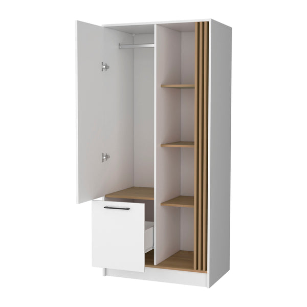 English Elm Natural Oak Wardrobe Organizer White & Oak Finish with Shelves, Sturdy Rod, Modern Rustic Storage B062S01139