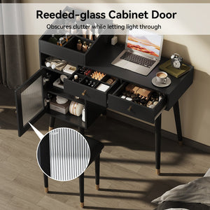 English Elm Modern Makeup Vanity Desk with Reeded Glass Door, 4-Compartment Cubby, Charging Port & Stool Comfortable Craftsmanship for Compact Spaces Black N844P285187B