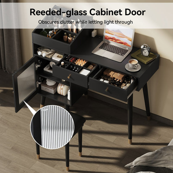 English Elm Modern Makeup Vanity Desk with Reeded Glass Door, 4-Compartment Cubby, Charging Port & Stool Comfortable Craftsmanship for Compact Spaces Black N844P285187B