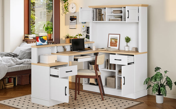 English Elm L-shaped Corner Computer Desk with Built-in Outlets Drawers and Open Shelving Storage W1580S00269