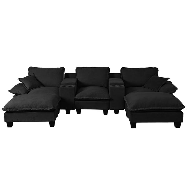 English Elm Modular Cloud Sectional U-shape Chenille Sofa with Storage Ottoman and Usb Charging Black W3163S00129