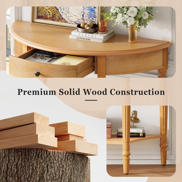 English Elm Trexm Farmhouse Half Moon Entryway Console with Drawer Open Shelf Pine Legs N715P383795D