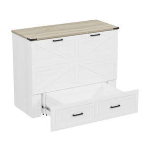 English Elm Full Farmhouse Murphy Cabinet Bed with Charging Station and Large Drawers, Space-Saving Guest Solution White 52.25 L x 26.25 W x 5.25 H N733S237853W