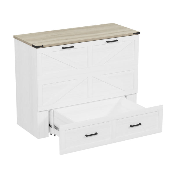 English Elm Full Farmhouse Murphy Cabinet Bed with Charging Station and Large Drawers, Space-Saving Guest Solution White 52.25 L x 26.25 W x 5.25 H N733S237853W