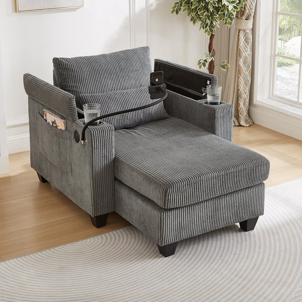 English Elm Convertible Chaise Lounge Sofa Chair With Usb Ports, Storage & Cup Holders – Ideal For Small Spaces! N719S002021E