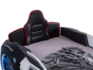 English Elm Modern Police Car Bed Twin Size With Led Lights, Magnetic Doors & Upholstered Headboard For Kids B2741S00497