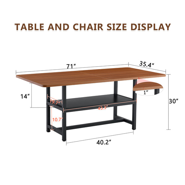 English Elm 71 Inch Fashionable Walnut Grain Dining Table with Sturdy Metal Legs, Scratch-Resistant MDF Top, Storage Shelf, Minimalist Design Walnut+black W1151P364851