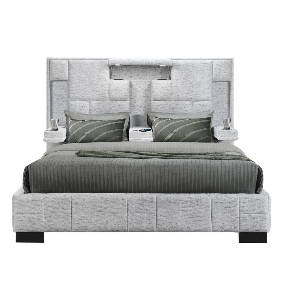 English Elm YARIS Modern King Bed with Upholstered Bryson Fabric, Fold-Down Arms, LED Lights, Speakers, Wireless Charging Gray 93.23 L x 13.19 W x 11.18 H B201S00112