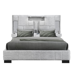 English Elm YARIS Modern King Bed with Upholstered Bryson Fabric, Fold-Down Arms, LED Lights, Speakers, Wireless Charging Gray 93.23 L x 13.19 W x 11.18 H B201S00112