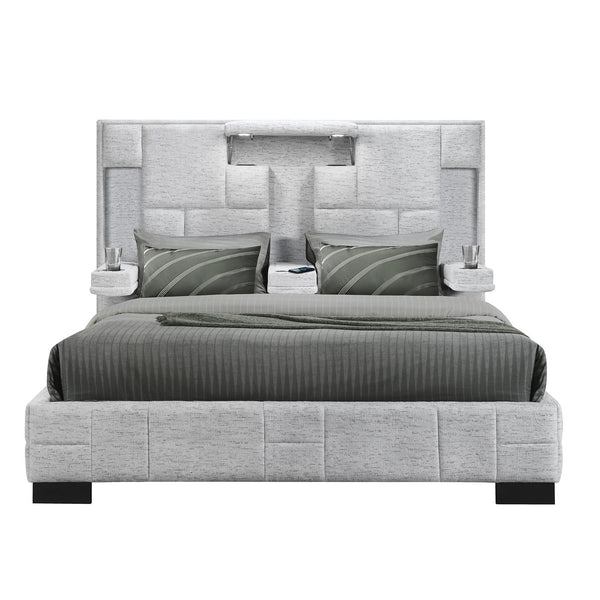 English Elm YARIS Modern King Bed with Upholstered Bryson Fabric, Fold-Down Arms, LED Lights, Speakers, Wireless Charging Gray 93.23 L x 13.19 W x 11.18 H B201S00112