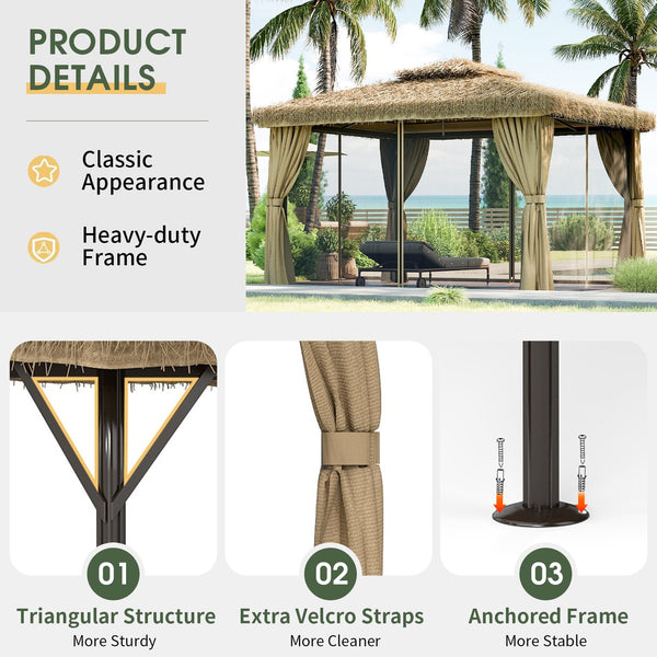 English Elm Outdoor Hawaiian Tiki Gazebo with Pe Thatch Roof Aluminum Frame and Mosquito Net T3963S00001