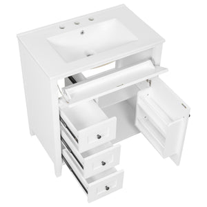 English Elm 30-Inch Contemporary Bathroom Vanity with Sink, MDF & Rubberwood, Glossy Finish, 3 Drawers + Cabinet White N725P350819K