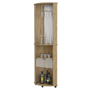 English Elm Oregon Elegant Corner Bar Cabinet with Mirrored Center, Glass Doors, Wine Rack & 3-Tier Shelving B128P176134