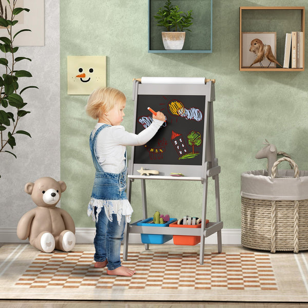 English Elm Qaba Kids Art Easel with Paper Roll, Double-Sided Chalk & Whiteboard, Storage Boxes, Safe Build Gray W2225P249778