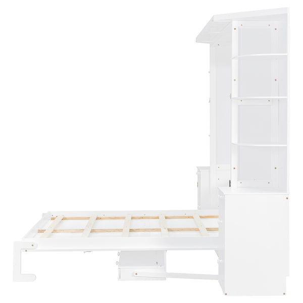 English Elm Queen Murphy Bed with Integrated Desk Cabinet Storage Wall Unit for Home Office White LP000739AAK